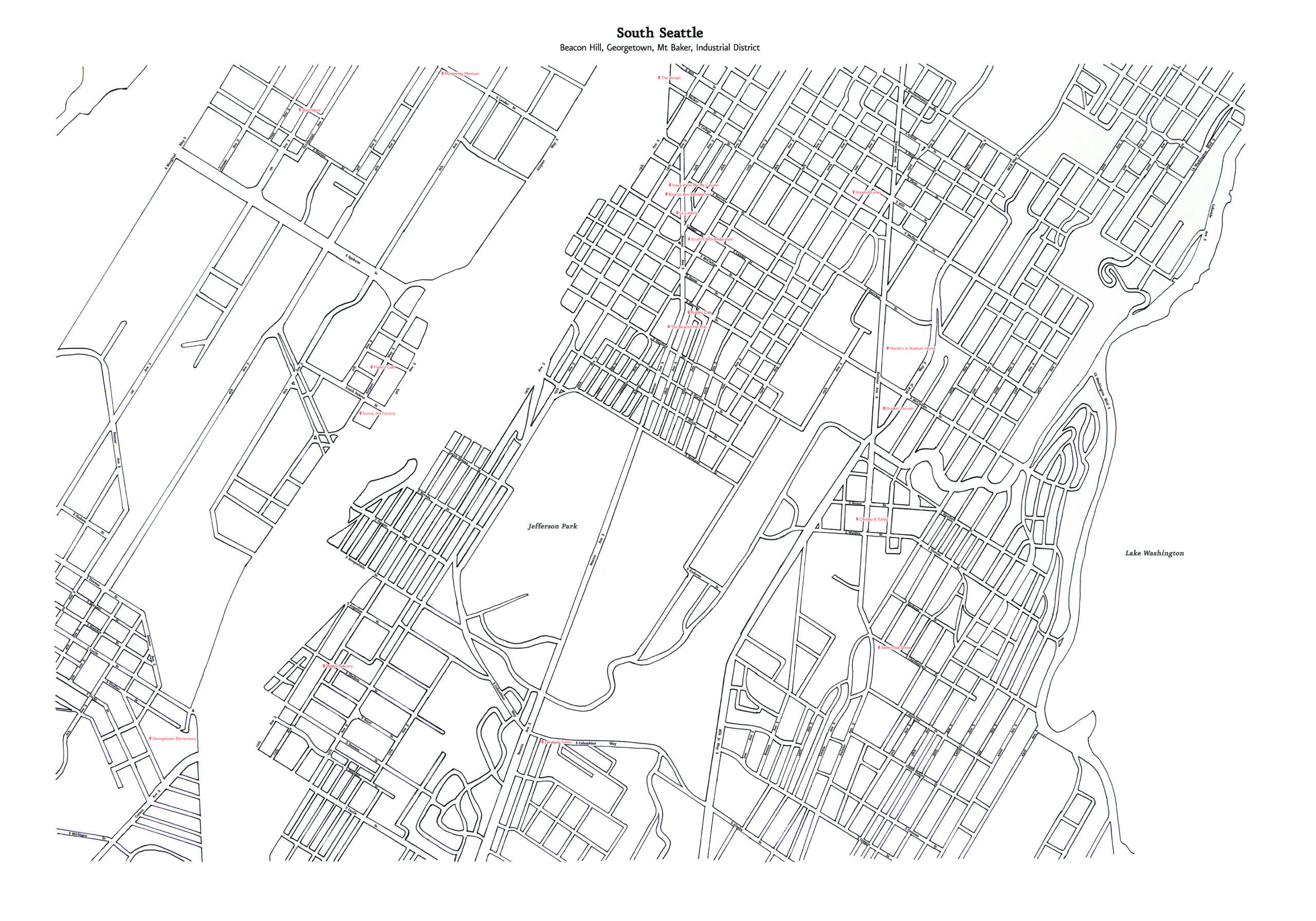 Map of South Seattle, with Beacon hill, Georgetown, Mt. Baker, and the Industrial District. Hand-drawn by Joshua Powell.